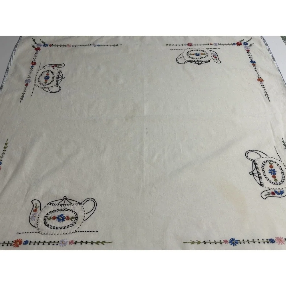 Vintage Square Tablecloth Handmade Embroidered Blue Teapot Tea Cottage 34